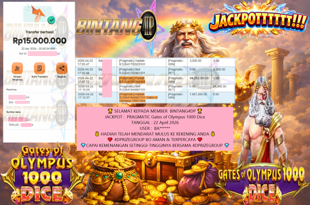 BINTANG4DP JACKPOT PRAGMATIC Gates of Olympus 1000 Dice Rp15.000.000,- LUNAS