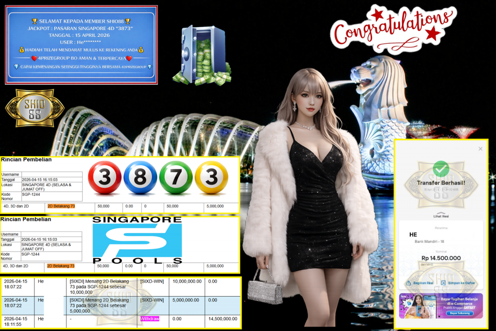 SHIO88 JACKPOT PASARAN SINGAPORE 4D “3873” Rp14.500.000,- LUNAS