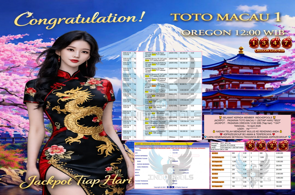 INDO4DPOOLS JACKPOT PASARAN ” TOTO MACAU 1 (SETIAP HARI) ”8523” ” OREGON 12:00 WIB (Tiap hari) ”1347” Rp 13,000,000,- LUNAS