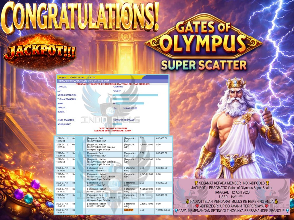 INDO4DPOOLS JACKPOT PRAGMATIC ” Gates of Olympus Super Scatter ” Rp 10,000,000,- LUNAS