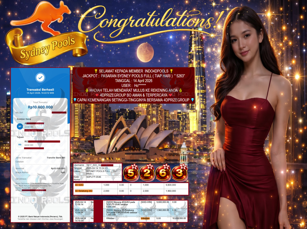 INDO4DPOOLS JACKPOT PASARAN ” SYDNEY POOLS FULL ( TIAP HARI ) ” 5263 ” ” Rp 10,000,000,- LUNAS