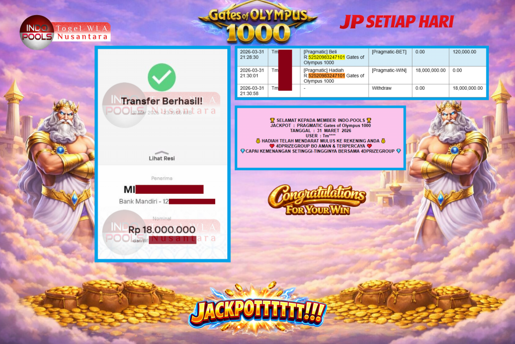 INDO-POOLS JACKPOT PRAGMATIC “Gates of Olympus 1000″‎‏‏‎‎ Rp18.000.000,- LUNAS