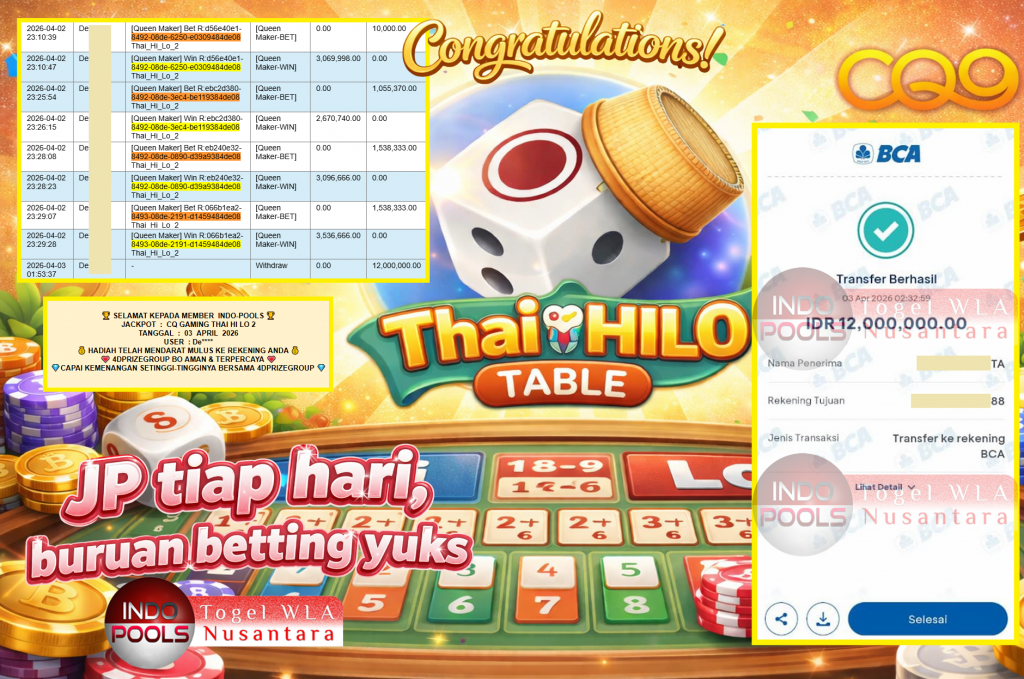 INDO-POOLS JACKPOT CQ GAMING “THAI HI LO 2″‎‏‏‎‎ Rp12.000.000,- LUNAS