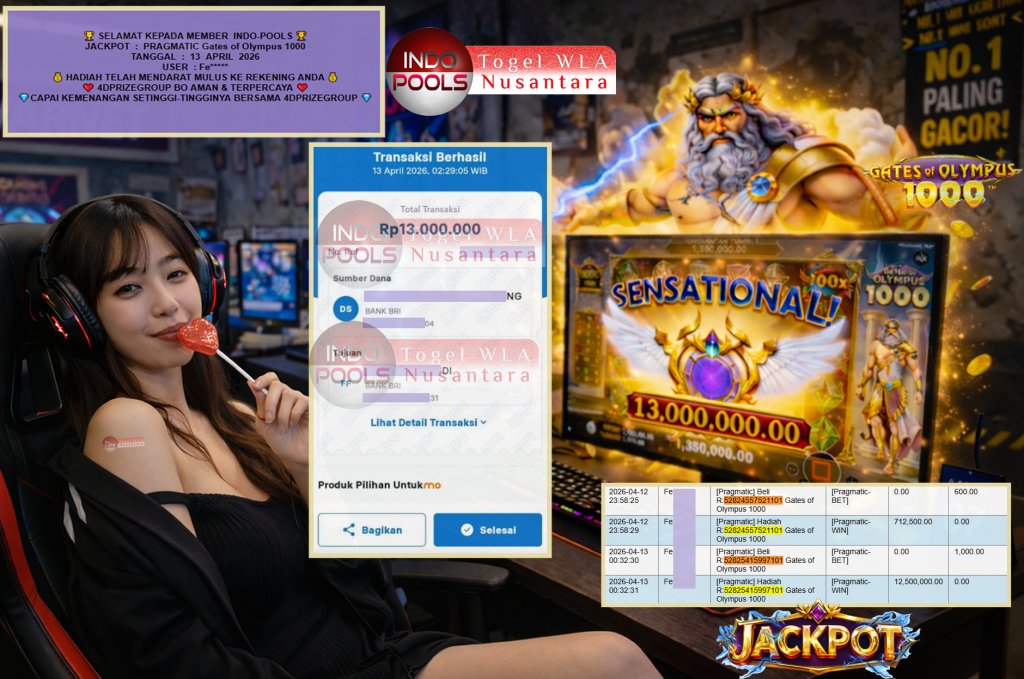 INDO-POOLS JACKPOT PRAGMATIC “Gates of Olympus 1000″‎‏‏‎‎ Rp13.000.000,- LUNAS