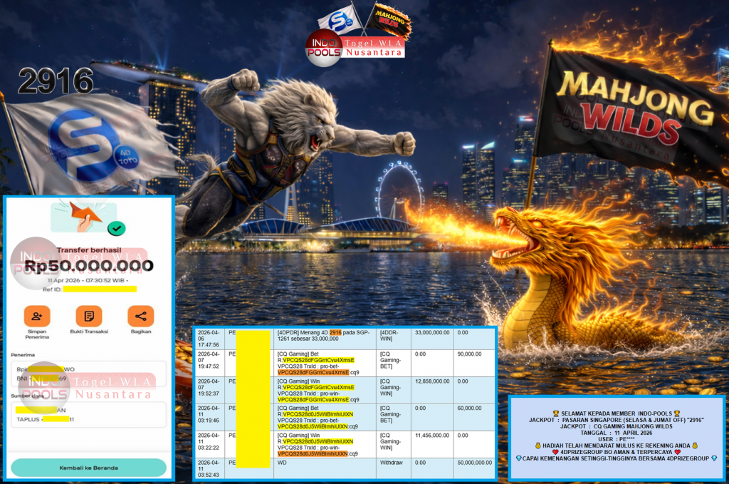 INDO-POOLS JACKPOT PASARAN SINGAPORE (SELASA & JUMAT OFF) “2916” & CQ GAMING “MAHJONG WILDS”‎‏‏‎‎ Rp50.000.000,- LUNAS