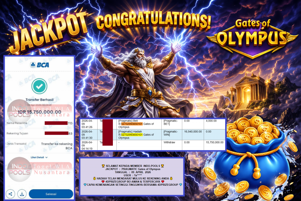 INDO-POOLS JACKPOT PRAGMATIC “Gates of Olympus”‎‏‏‎‎ Rp15.750.000,- LUNAS