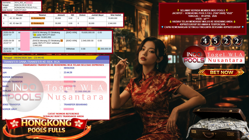 INDO-POOLS JACKPOT HONGKONG POOLS FULL (TIAP HARI) “4522”‎‏‏‎ Rp22.000.000,- LUNAS