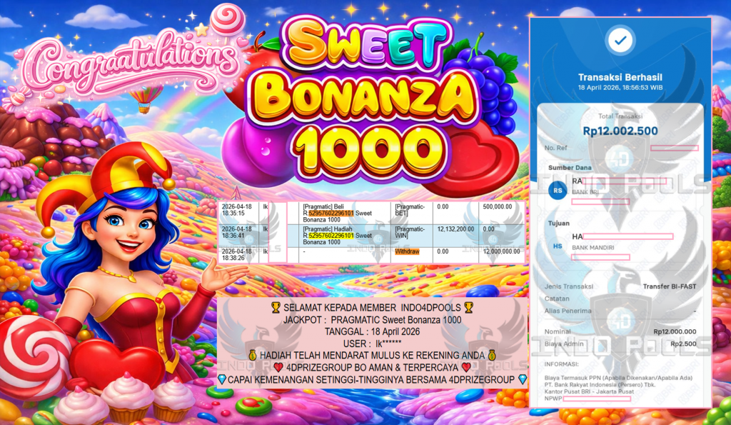 INDO4DPOOLS JACKPOT PRAGMATIC ” Sweet Bonanza 1000 ” Rp 12,000,000,- LUNAS