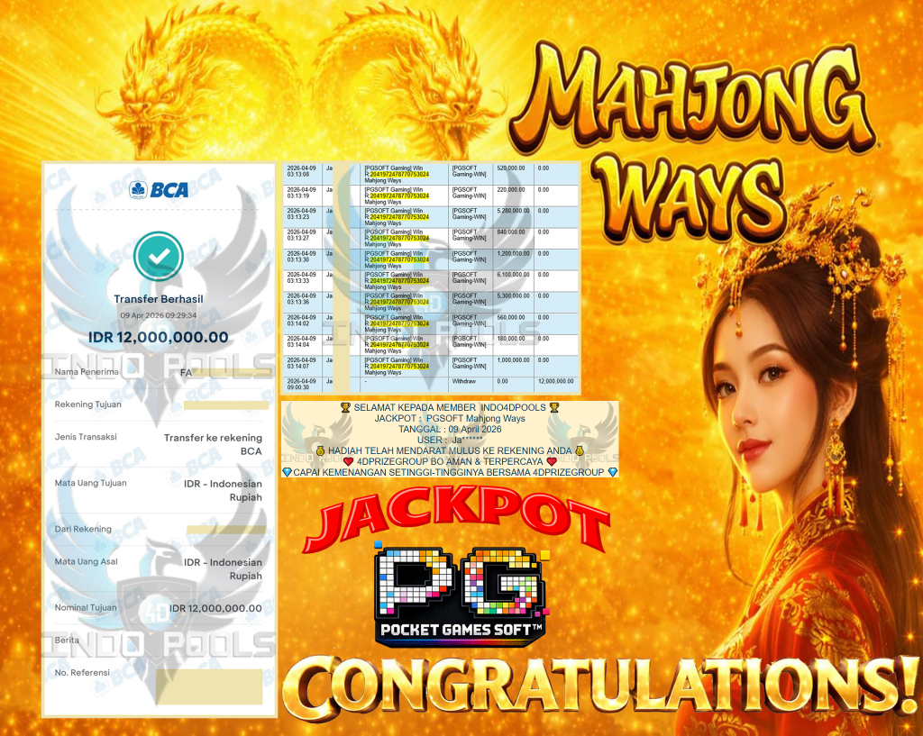 INDO4DPOOLS JACKPOT PGSOFT Gaming ” Mahjong Ways ” Rp 12,000,000,- LUNAS