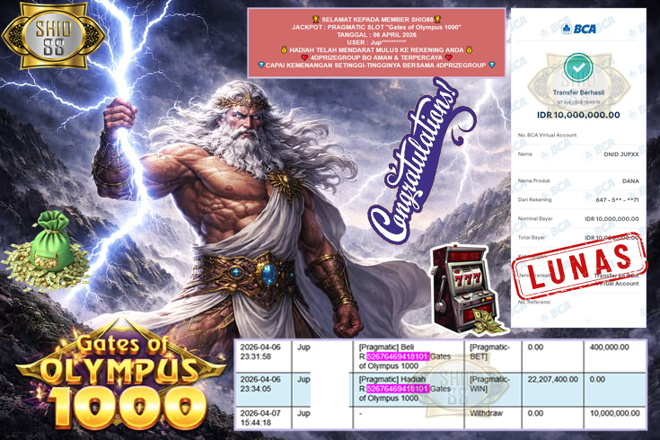 SHIO88 JACKPOT PRAGMATIC SLOT “Gates of Olympus 1000” Rp10.000.000,- LUNAS
