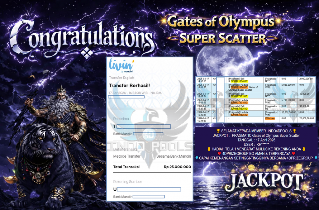 INDO4DPOOLS JACKPOT PRAGMATIC ” Gates of Olympus Super Scatter ” Rp 25,000,000,- LUNAS