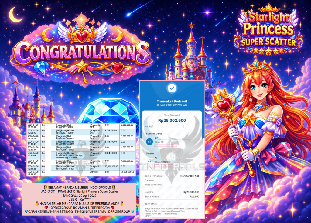 INDO4DPOOLS JACKPOT PRAGMATIC ” Starlight Princess Super Scatter ” Rp 25,000,000,- LUNAS