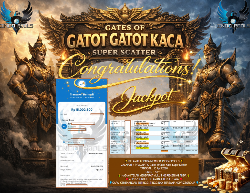 INDO4DPOOLS JACKPOT PRAGMATIC ” Gates of Gatot Kaca Super Scatter ” Rp 15,000,000,- LUNAS