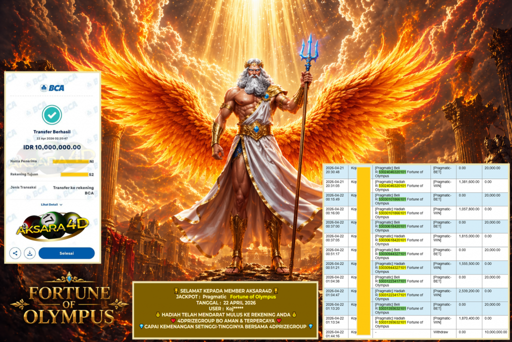 AKSARA4D JACKPOT PRAGMATIC ” Fortune of Olympus ” Rp 10.000.000,- LUNAS