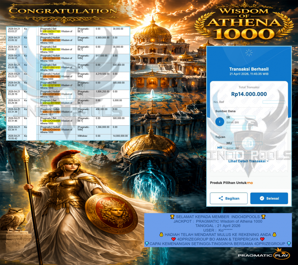 INDO4DPOOLS JACKPOT PRAGMATIC ” Wisdom of Athena 1000 ” Rp 14,000,000,- LUNAS