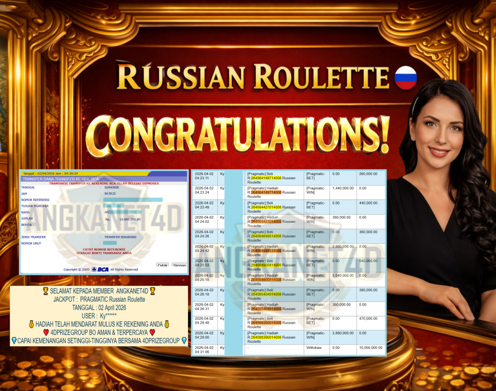 ANGKANET4D JACKPOT PRAGMATIC ” Russian Roulette ” Rp 10,000,000,- LUNAS