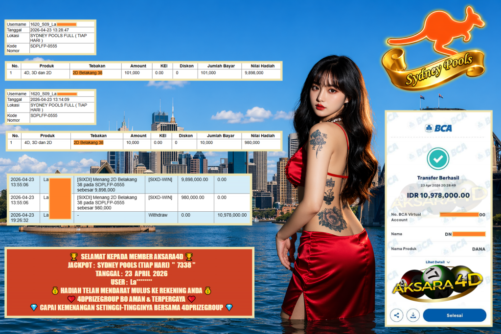 AKSARA4D JACKPOT SYDNEY POOLS (TIAP HARI) ” 7338 ” Rp 10.978.000,- LUNAS