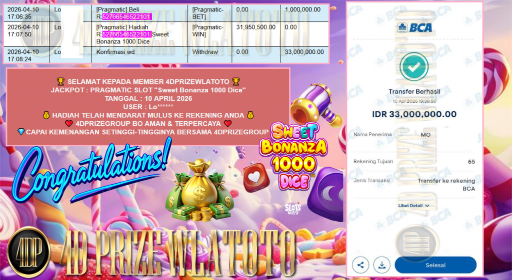 4DPRIZEWLATOTO JACKPOT PRAGMATIC SLOT “Sweet Bonanza 1000 Dice” Rp33.000.000,- LUNAS