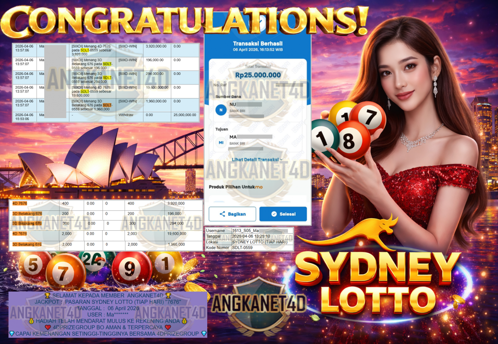 ANGKANET4D JACKPOT PASARAN ” SYDNEY LOTTO (TIAP HARI) ”7676″ ” Rp 25,000,000,- LUNAS