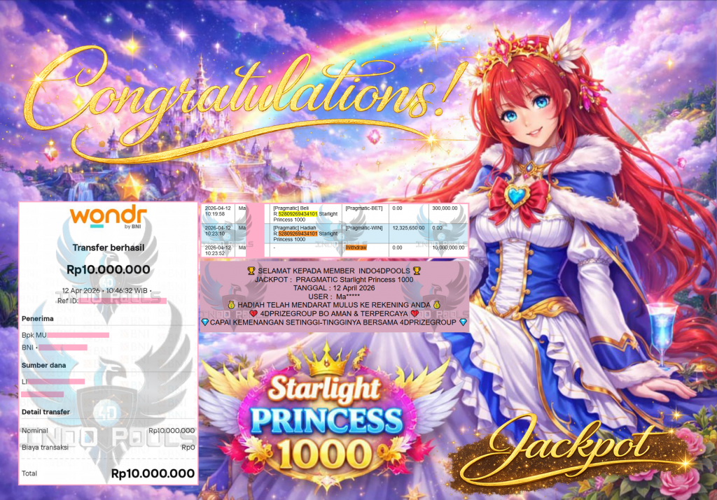 INDO4DPOOLS JACKPOT PRAGMATIC ” Starlight Princess 1000 ” Rp 10,000,000,- LUNAS