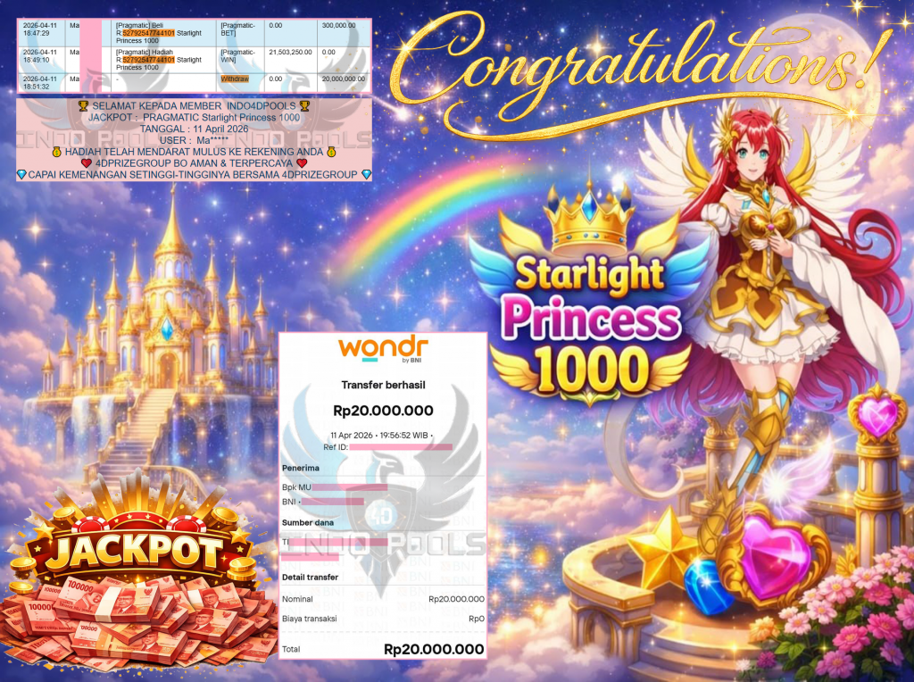 INDO4DPOOLS JACKPOT PRAGMATIC ” Starlight Princess 1000 ” Rp 20,000,000,- LUNAS