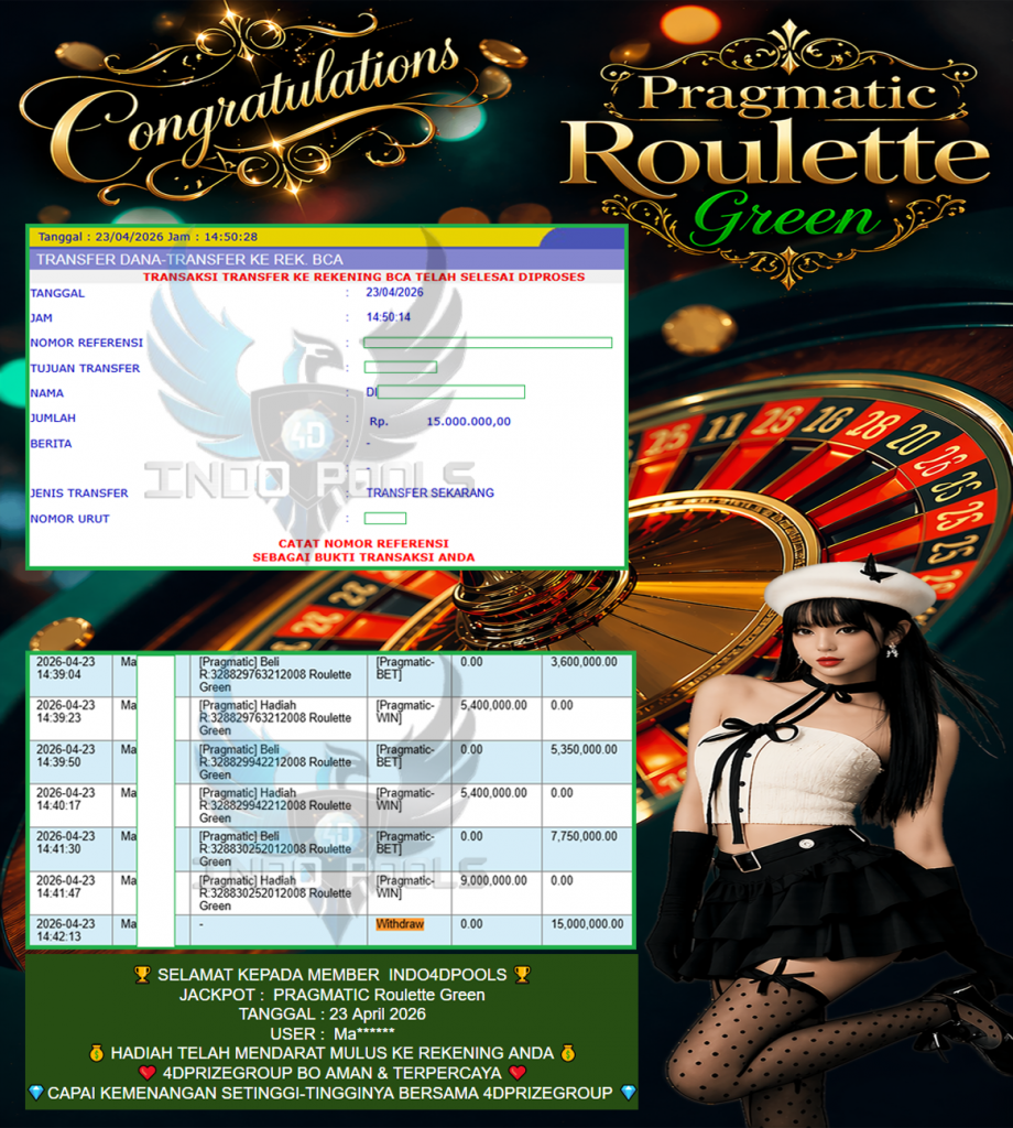 INDO4DPOOLS JACKPOT PRAGMATIC ” Roulette Green ” Rp 15,000,000,- LUNAS
