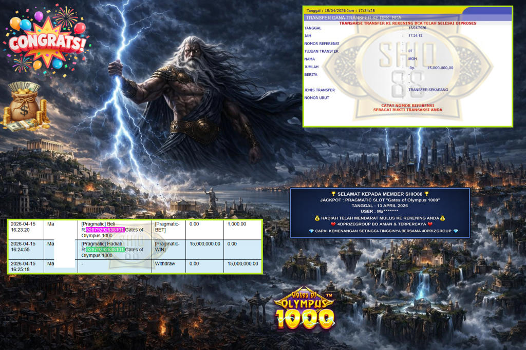 SHIO88 JACKPOT PRAGMATIC SLOT “Gates of Olympus 1000” Rp15.000.000,- LUNAS