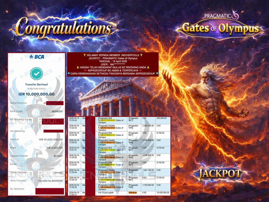 INDO4DPOOLS JACKPOT PRAGMATIC ” Gates of Olympus ” Rp 10,000,000,- LUNAS