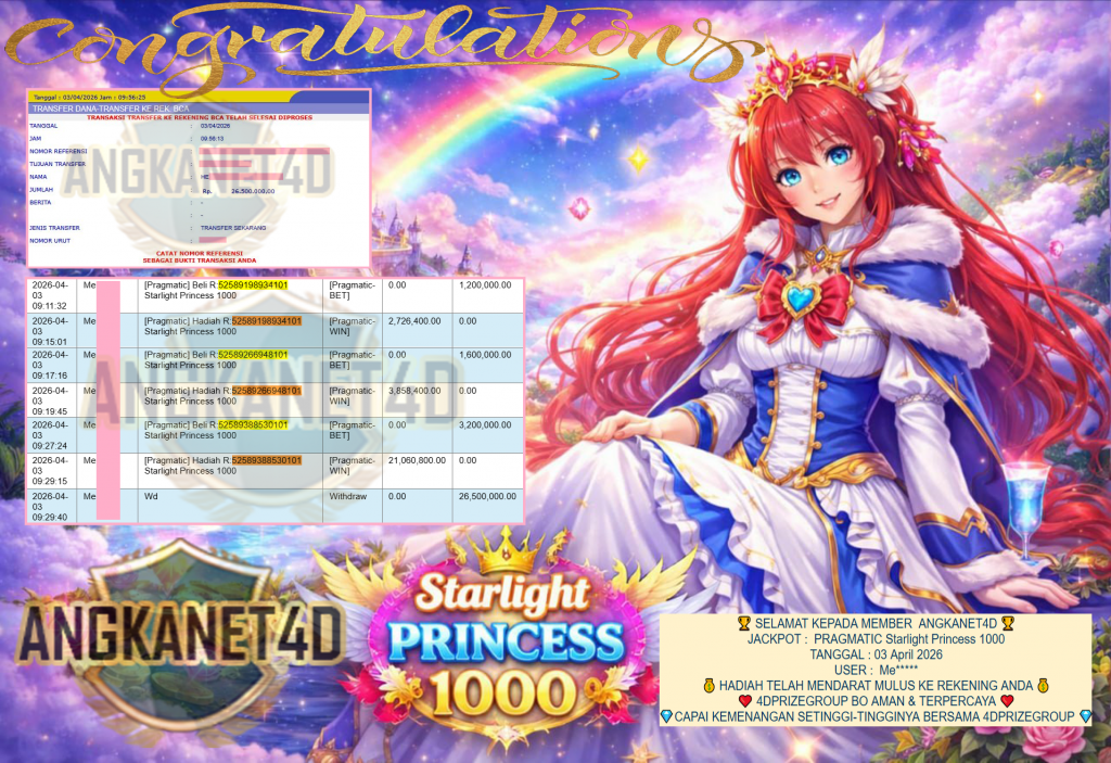 ANGKANET4D JACKPOT PRAGMATIC ” Starlight Princess 1000 ” Rp 26,500,000,- LUNAS