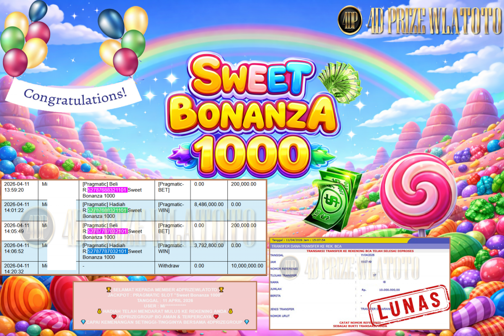 4DPRIZEWLATOTO JACKPOT PRAGMATIC SLOT “Sweet Bonanza 1000” Rp10.000.000,- LUNAS