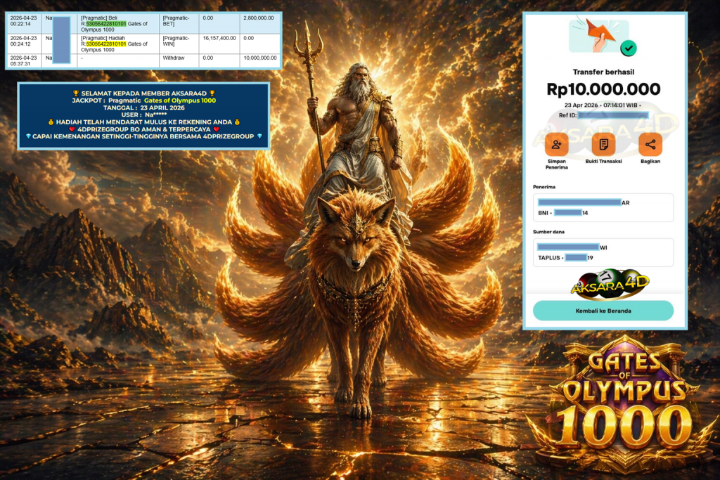 AKSARA4D JACKPOT PRAGMATIC ” Gates of Olympus 1000 ” Rp 10.000.000,- LUNAS