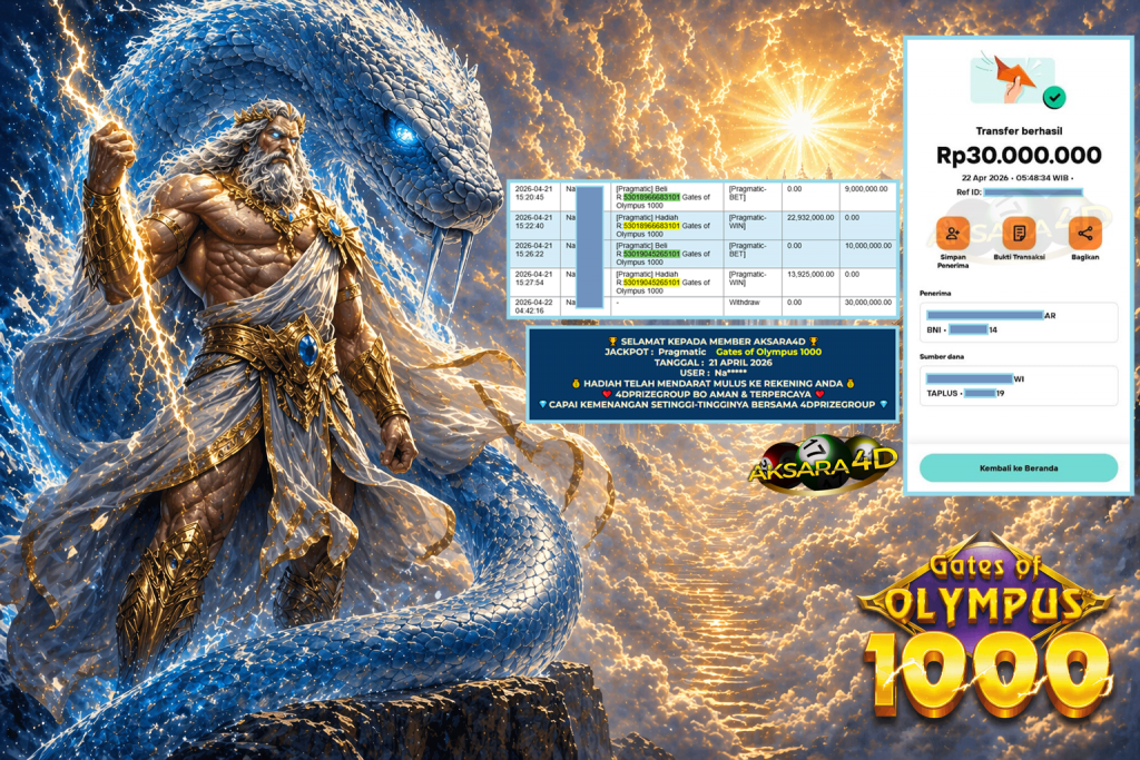 AKSARA4D JACKPOT PRAGMATIC ” Gates of Olympus 1000 ” Rp 30.000.000,- LUNAS
