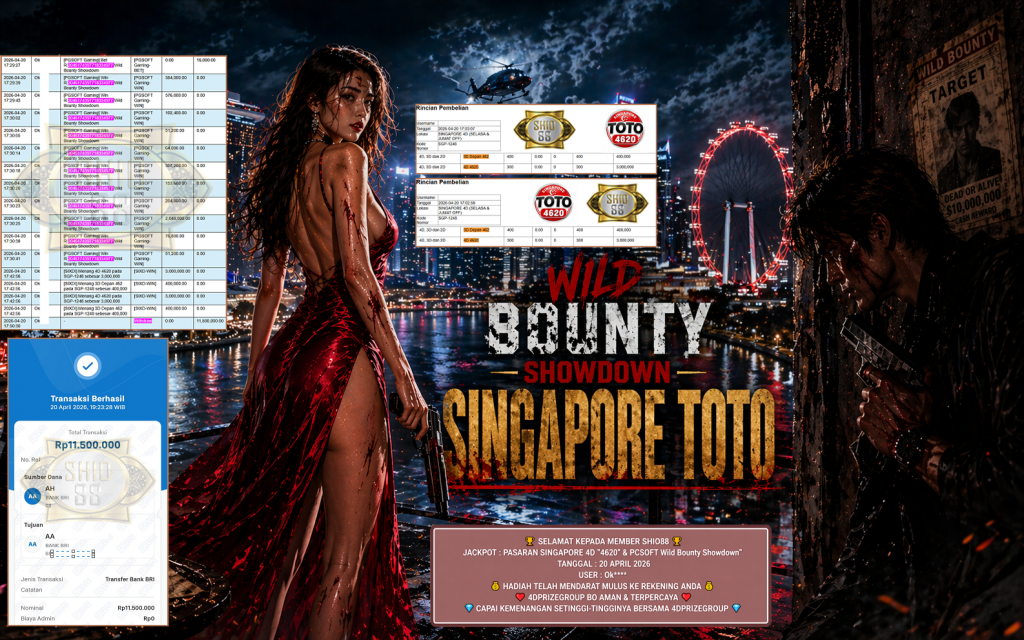 SHIO88 JACKPOT PASARAN SINGAPORE 4D “4620” & PGSOFT ”Wild Bounty Showdown” Rp11.500.000,- LUNAS
