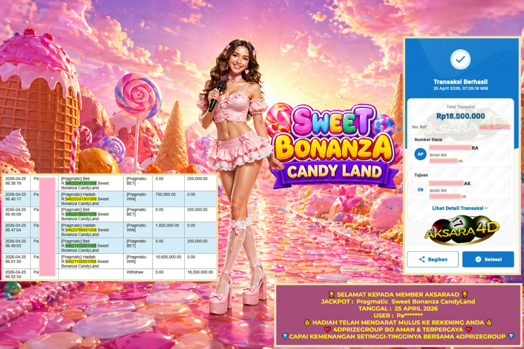 AKSARA4D JACKPOT PRAGMATIC LIVE GAME ” Sweet Bonanza CandyLand ” ‎‏‏‎Rp 18.500.000,- LUNAS