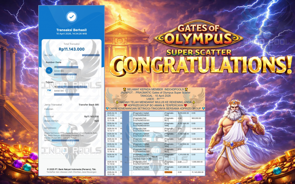 INDO4DPOOLS JACKPOT PRAGMATIC ” Gates of Olympus Super Scatter ” Rp 11,143,000,- LUNAS