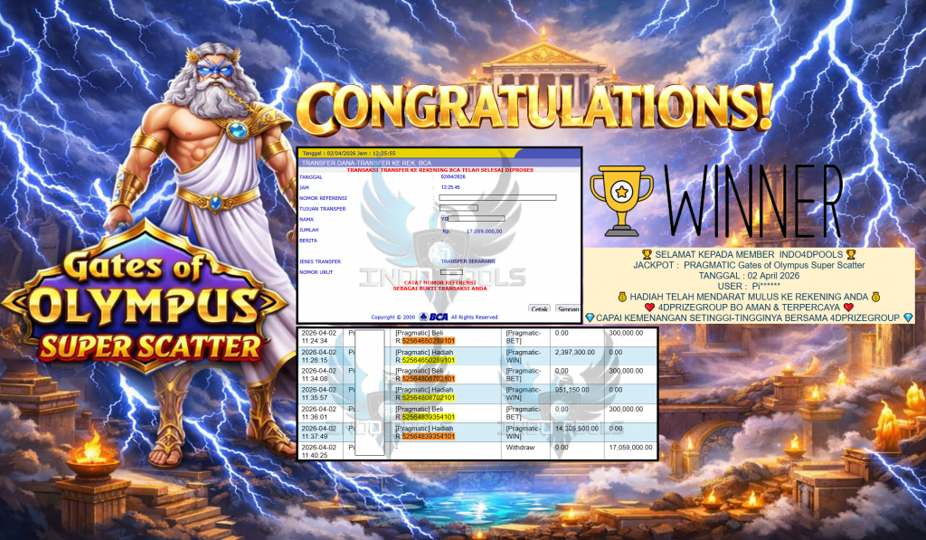 INDO4DPOOLS JACKPOT PRAGMATIC ” Gates of Olympus Super Scatter ” Rp 17,059,000,- LUNAS