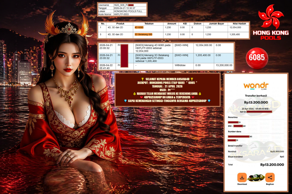 AKSARA4D JACKPOT HONGKONG POOLS (TIAP HARI) ” 6085 ” Rp 13.200.000,- LUNAS