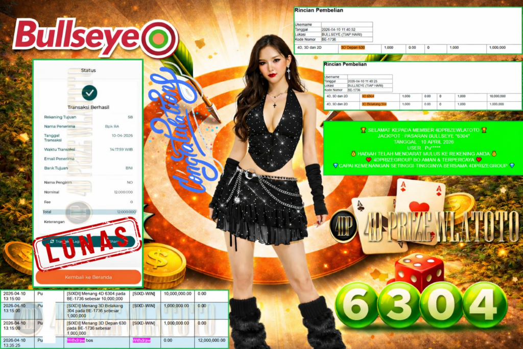 4DPRIZEWLATOTO JACKPOT PASARAN BULLSEYE “6304” Rp12.000.000,- LUNAS
