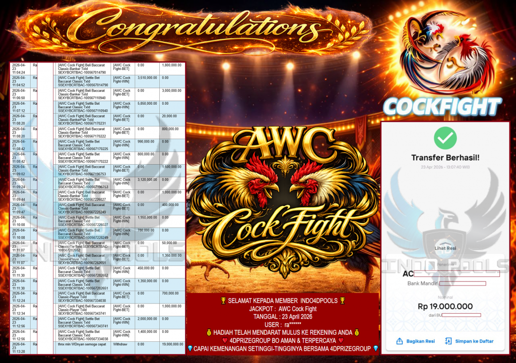 INDO4DPOOLS JACKPOT ” AWC Cock Fight ” Rp 19,000,000,- LUNAS