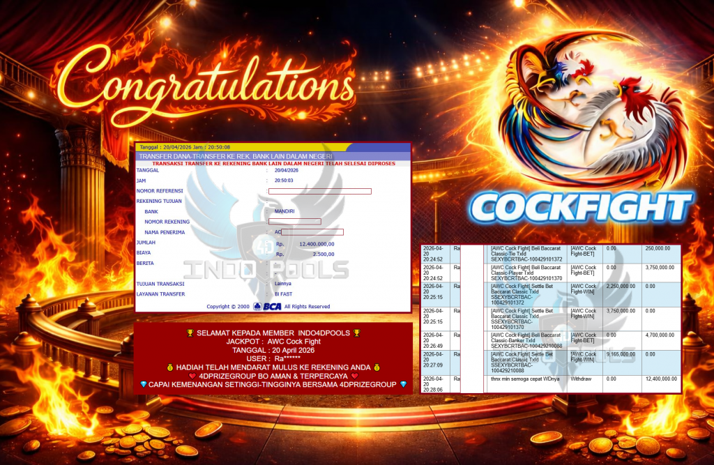 INDO4DPOOLS JACKPOT ” AWC Cock Fight ” Rp 12,400,000,- LUNAS