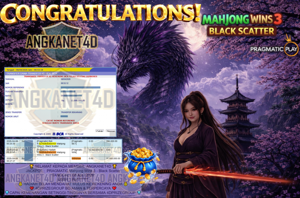 ANGKANET4D JACKPOT PRAGMATIC SLOT ” Mahjong Wins 3 – Black Scatter ” Rp 11,000,000,- LUNAS