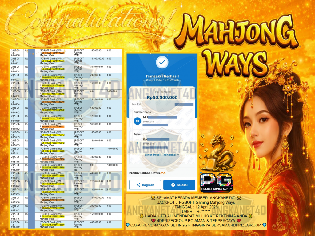 ANGKANET4D JACKPOT PGSOFT Gaming ” Mahjong Ways ” Rp 50,000,000,- LUNAS