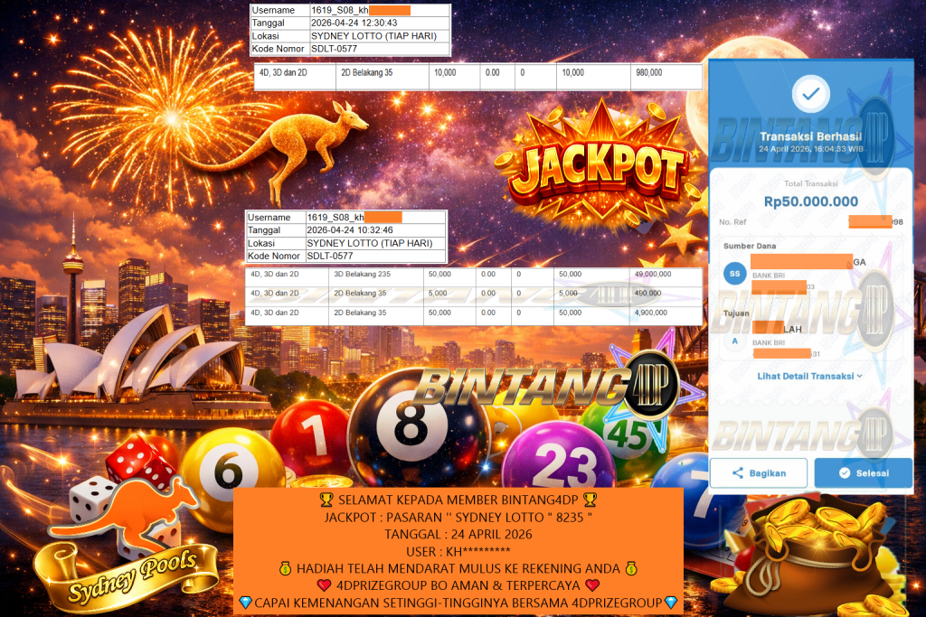 BINTANG4DP JACKPOT TOGEL SYDNEY LOTTO ” 8235 ” ‎‎‏‏‎‎‏‏Rp50.000.000,- LUNAS