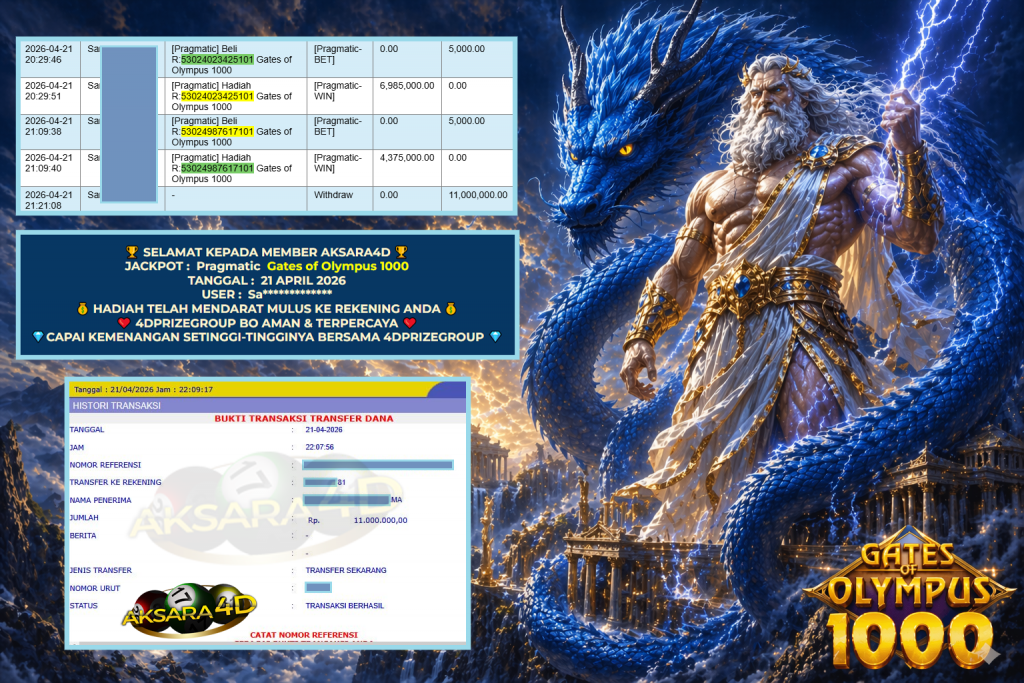 AKSARA4D JACKPOT PRAGMATIC ” Gates of Olympus 1000 ” Rp 11.000.000,- LUNAS