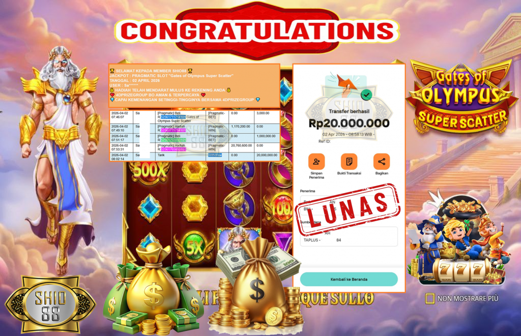 SHIO88 JACKPOT PRAGMATIC SLOT “Gates of Olympus Super Scatter” Rp20.000.000,- LUNAS