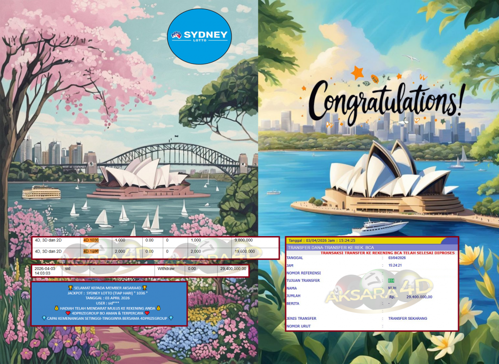 AKSARA4D JACKPOT PASARAN SYDNEY LOTTO (TIAP HARI) “1036” Rp29.400.000,- LUNAS