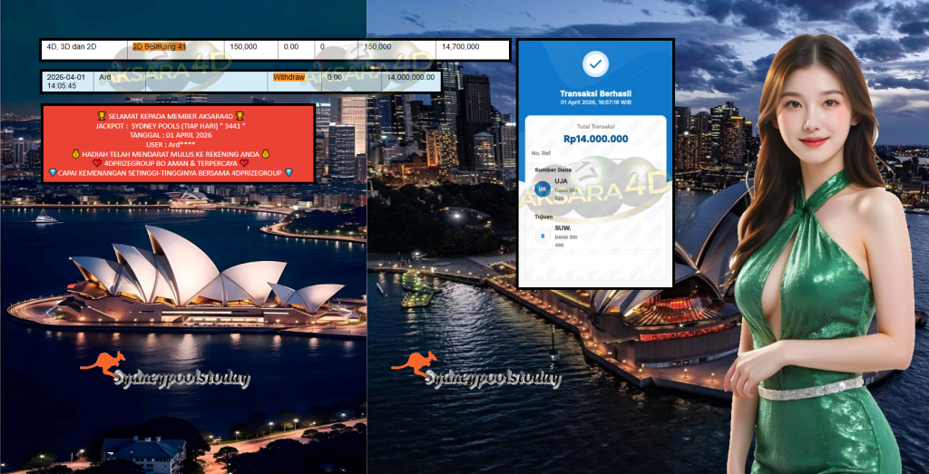 AKSARA4D JACKPOT SYDNEY POOLS (TIAP HARI) ” 3441 ” Rp14.000.000,- LUNAS