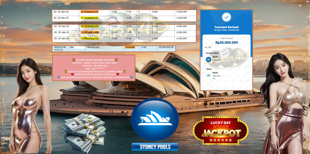 AKSARA4D JACKPOT PASARAN SYDNEY POOLS (TIAP HARI) “5402” Rp20.000.000,- LUNAS