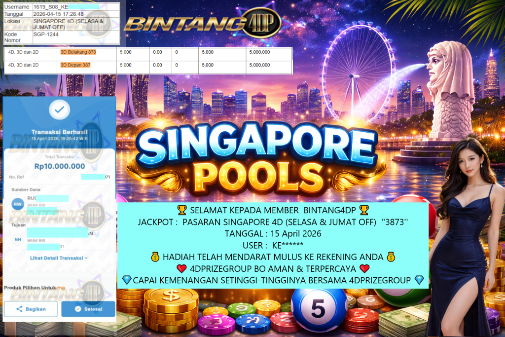 BINTANG4DP JACKPOT TOGEL SINGAPORE 4D (SELASA & JUMAT OFF) ”3873” Rp10.000.000,- LUNAS