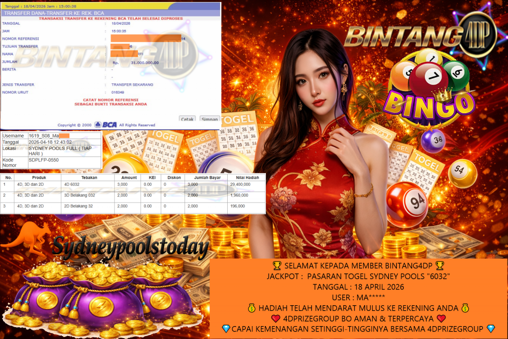 BINTANG4DP JACKPOT TOGEL SYDNEY POOLS “6032” Rp31.000.000,- LUNAS